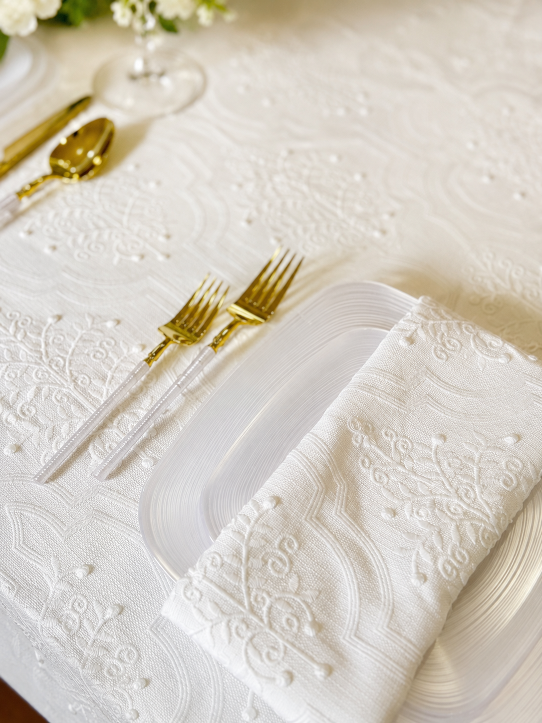 The Celeste White Embroidered Tablecloth & Napkins