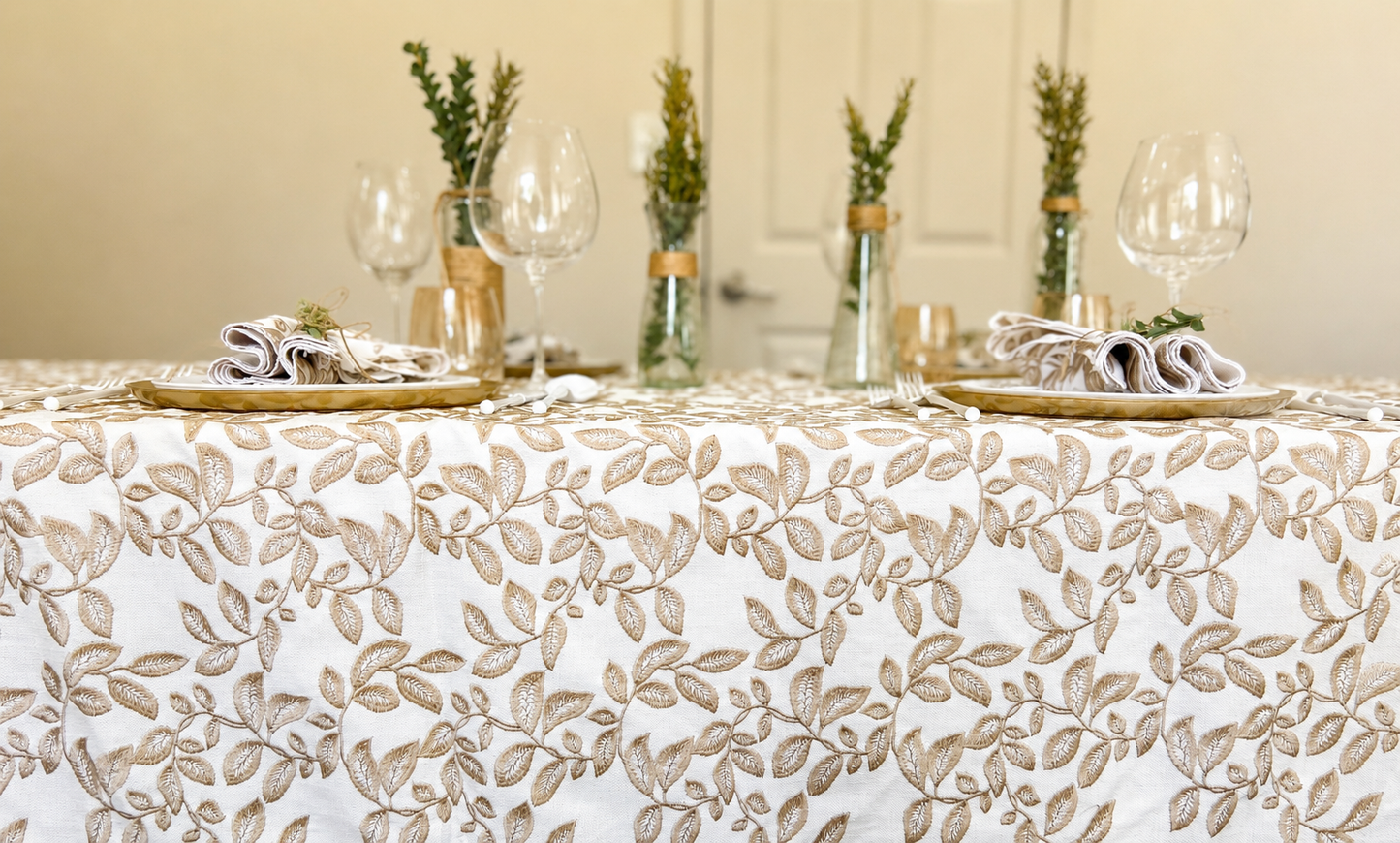 The Laurel Embroidered Leaf Tablecloth & Napkins