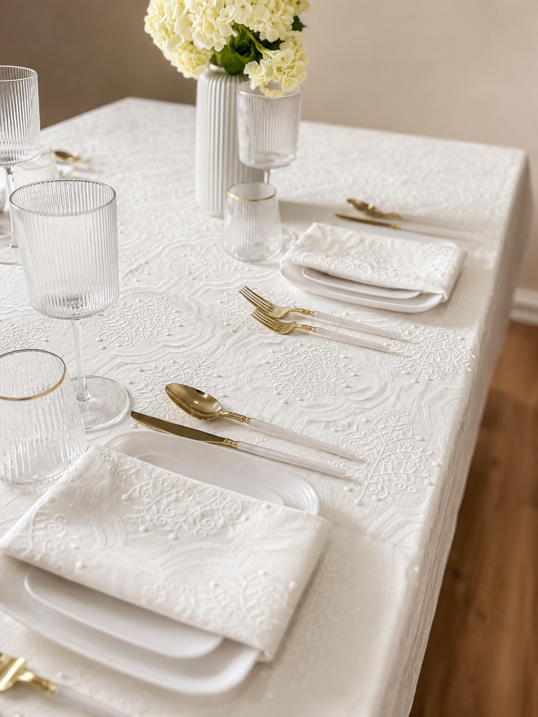 The Celeste White Embroidered Tablecloth & Napkins