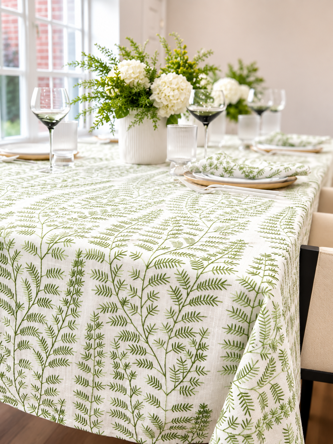 The Jardin Green Embroidered Tablecloth & Napkins