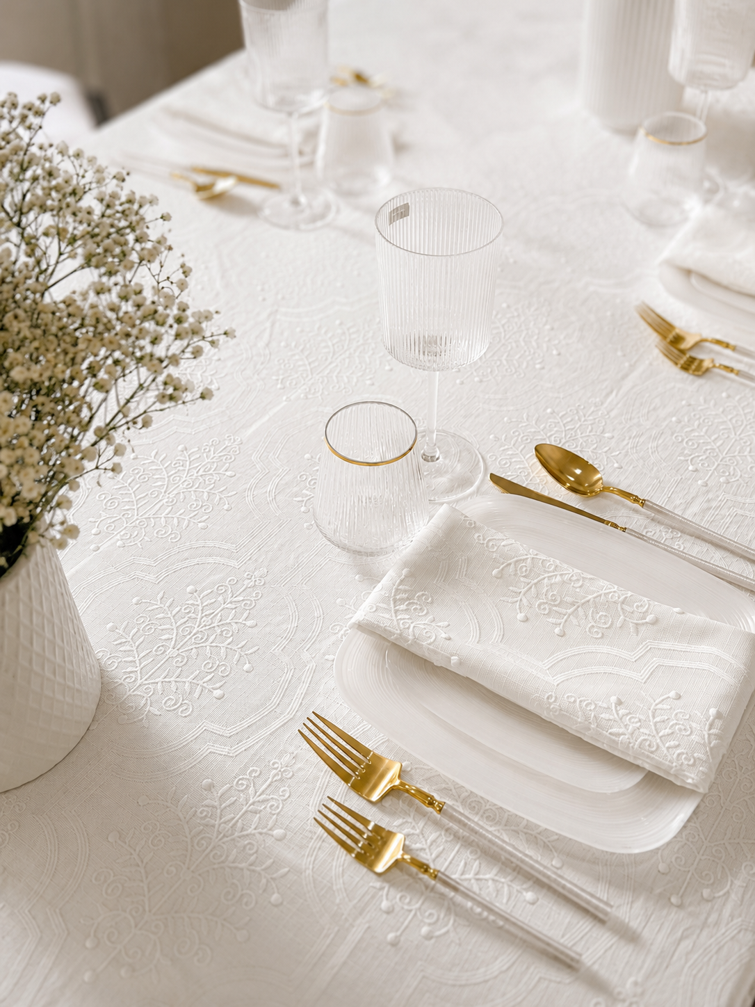The Celeste White Embroidered Tablecloth & Napkins