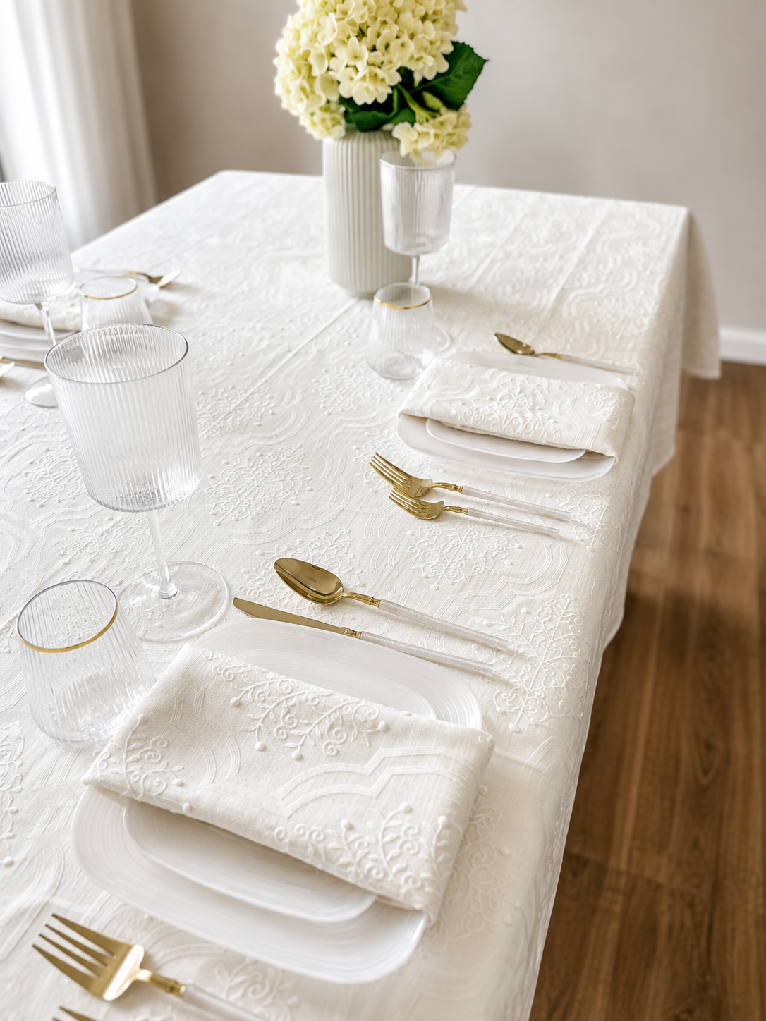 The Celeste White Embroidered Tablecloth & Napkins