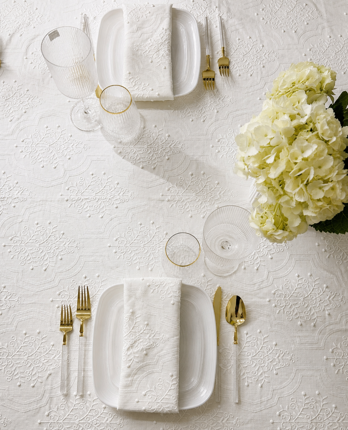 The Celeste White Embroidered Tablecloth & Napkins
