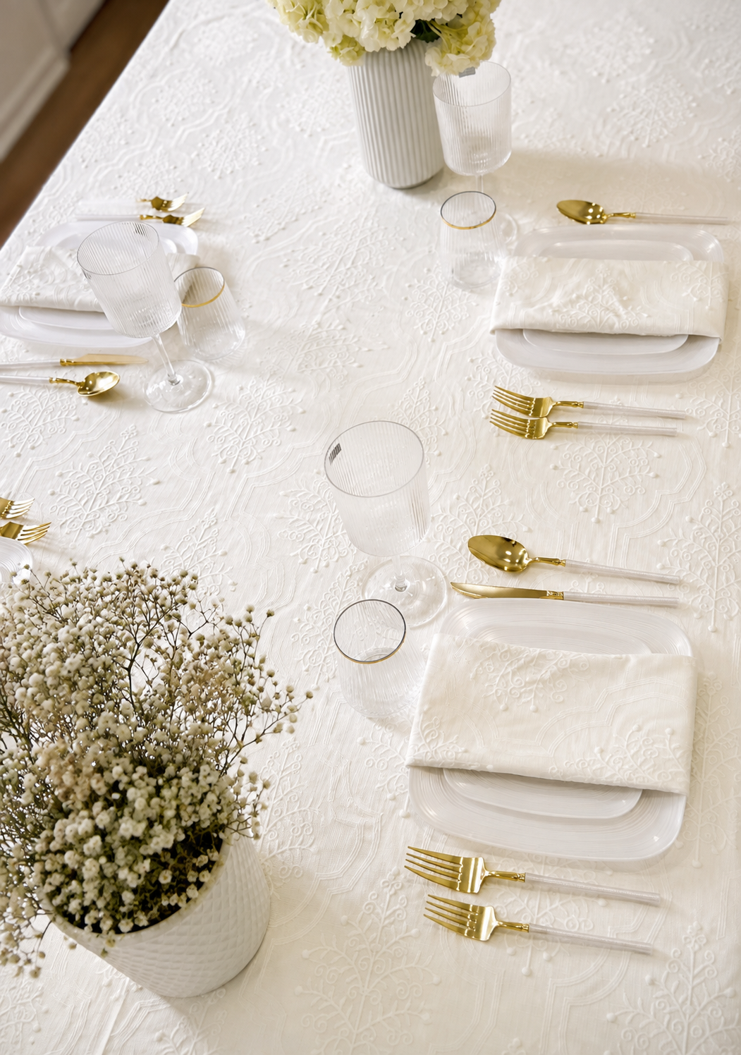 The Celeste White Embroidered Tablecloth & Napkins