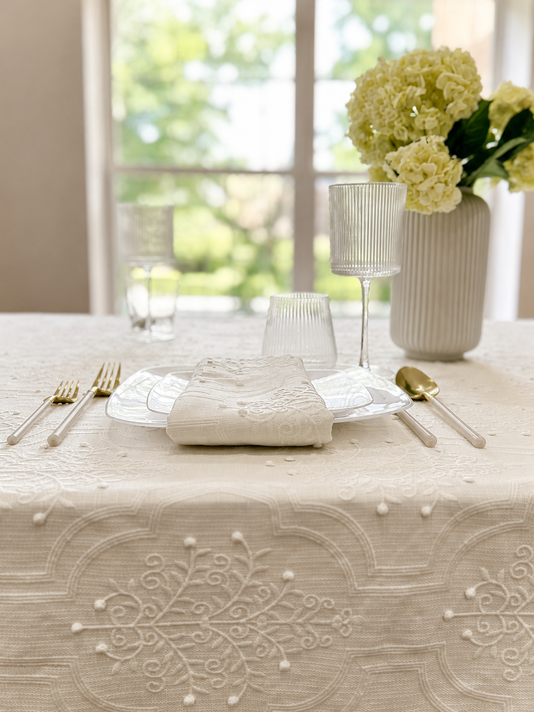 The Celeste White Embroidered Tablecloth & Napkins