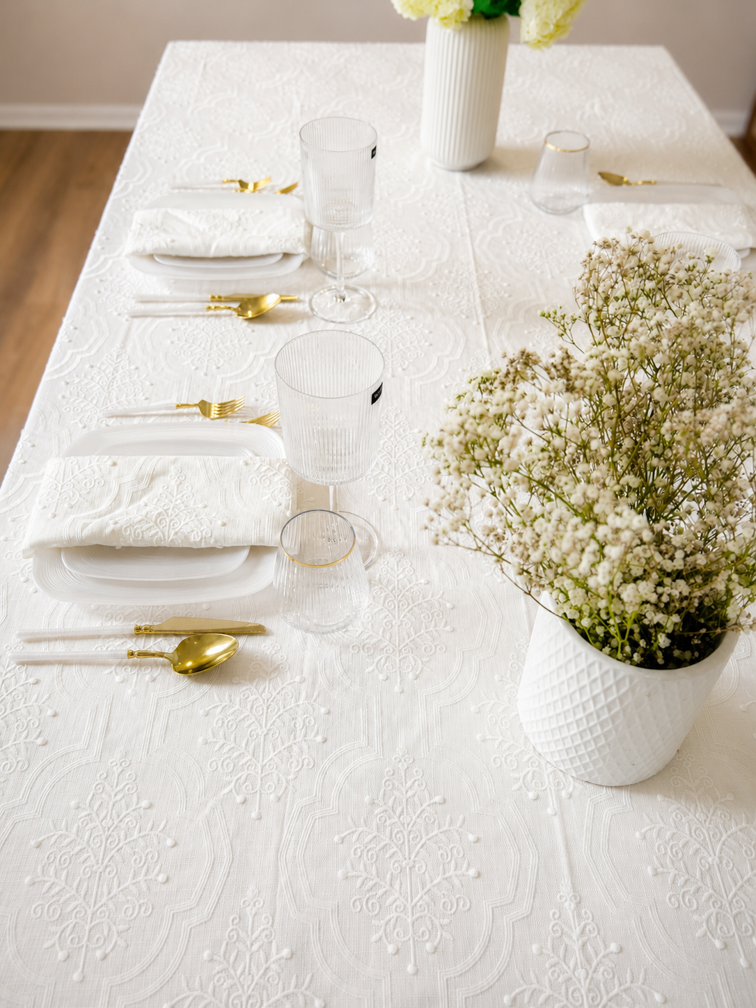 The Celeste White Embroidered Tablecloth & Napkins