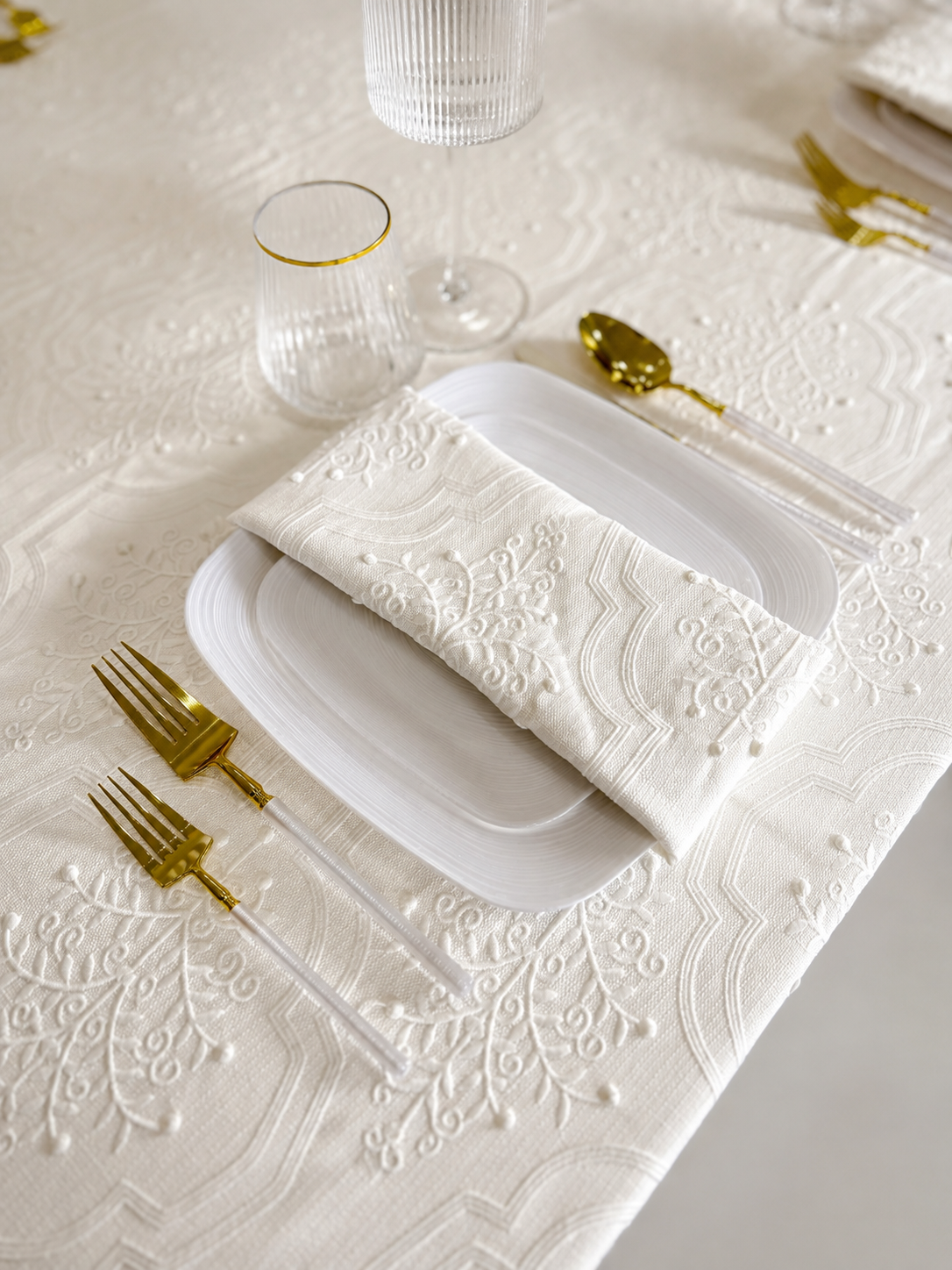The Celeste White Embroidered Tablecloth & Napkins