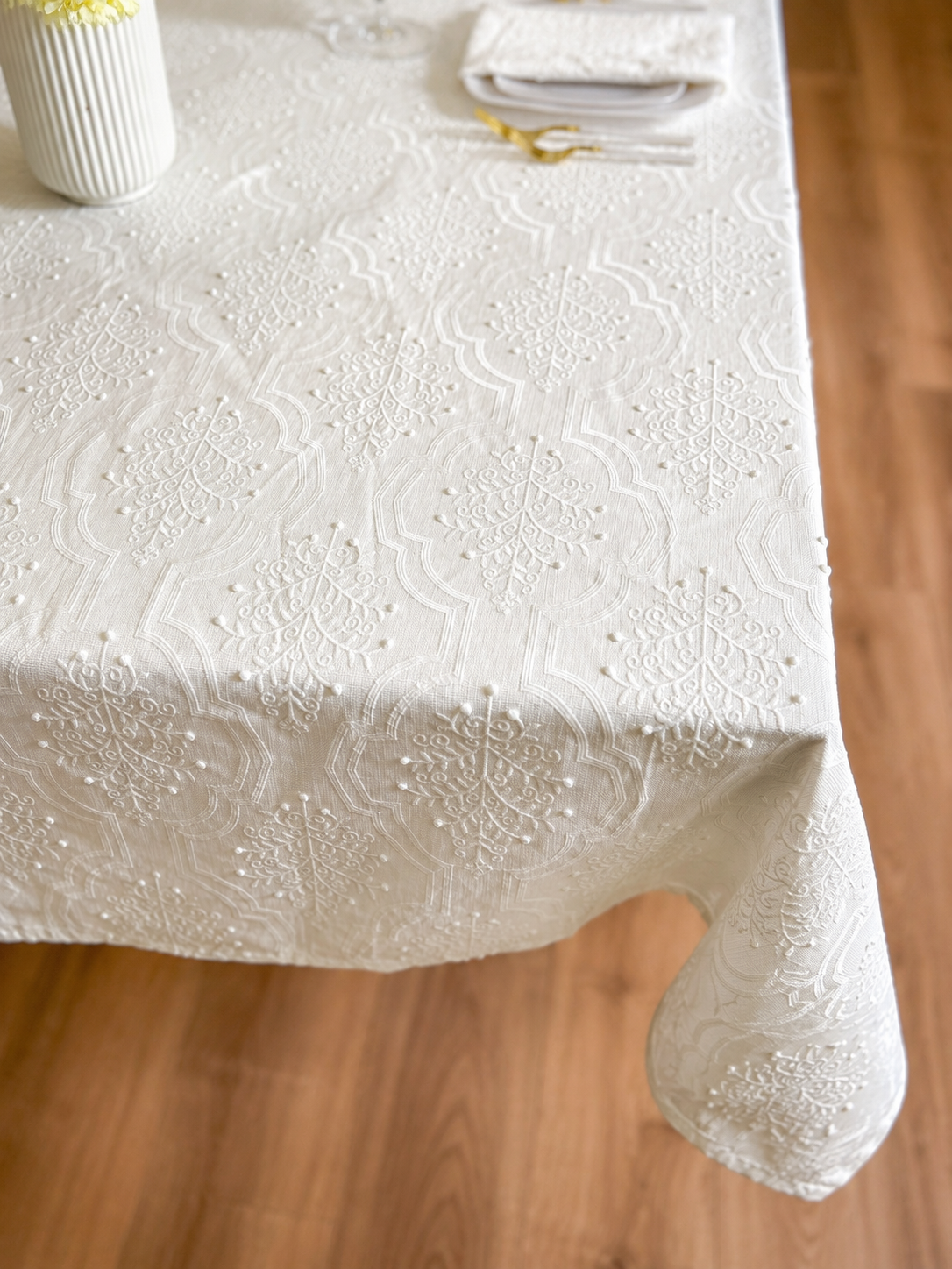 The Celeste White Embroidered Tablecloth & Napkins