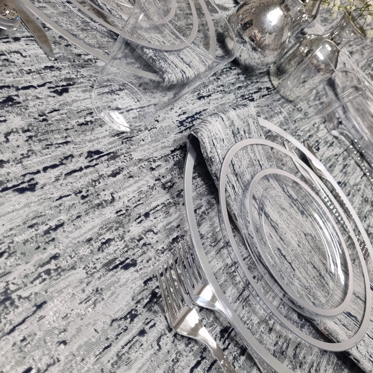 Double Sided Metallic Navy/Silver Tablecloth