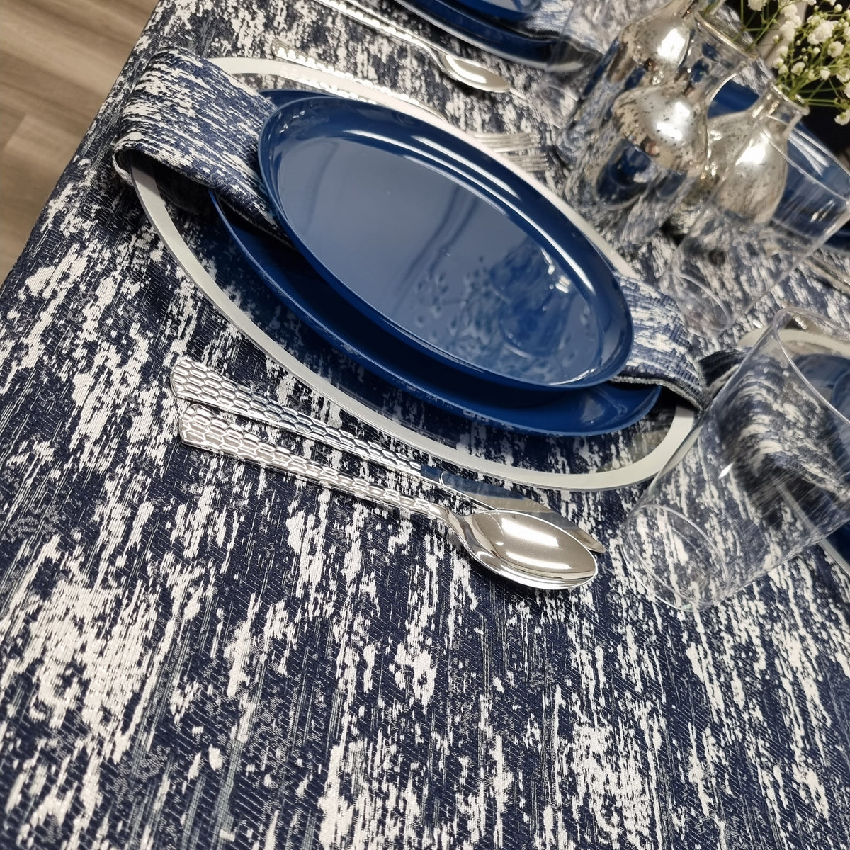 Double Sided Metallic Navy/Silver Tablecloth