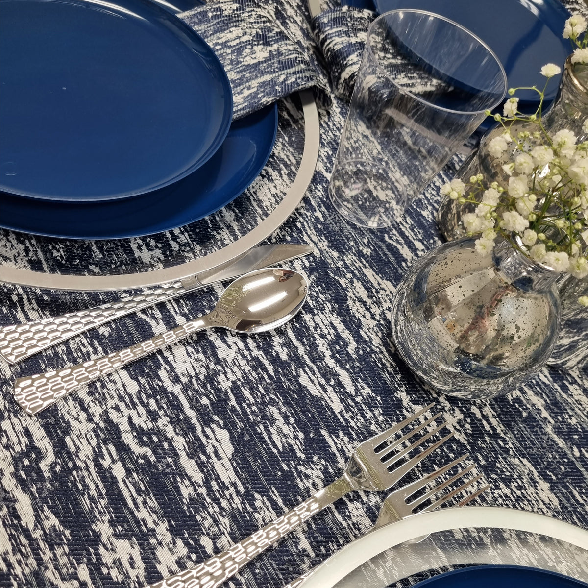 Double Sided Metallic Navy/Silver Tablecloth
