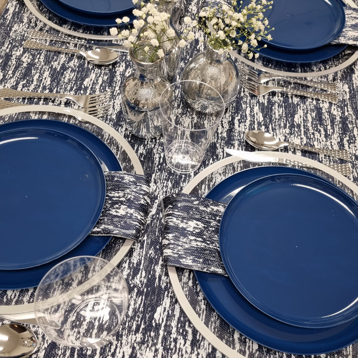 Double Sided Metallic Navy/Silver Tablecloth